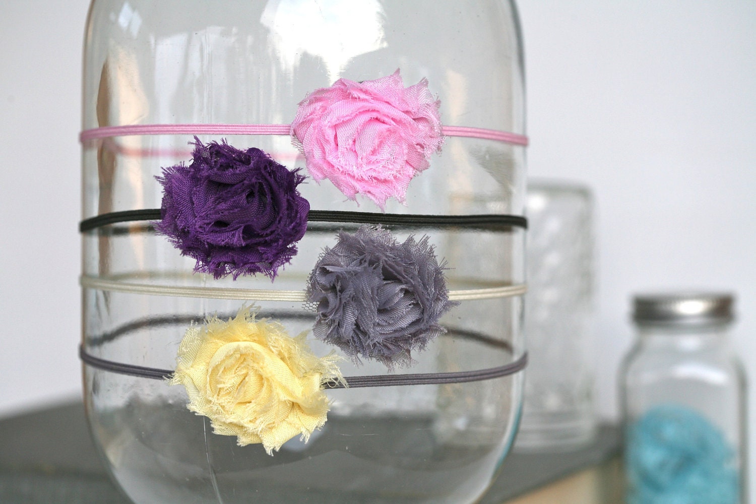 4 Shabby Flower on Elastic Headband / Photo Prop