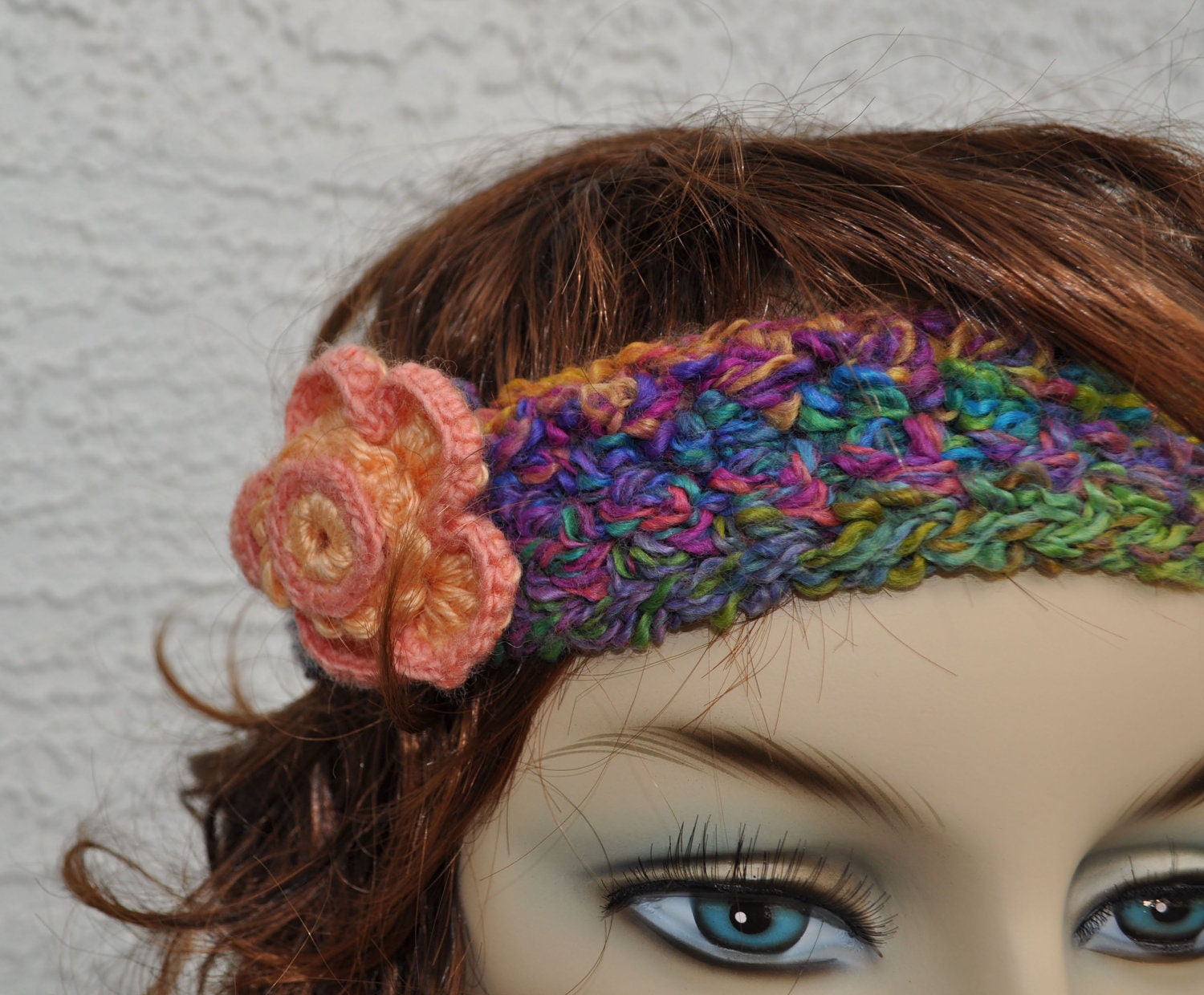 Headband Rainbow-Hued Stretchy Crocheted Headband with Flower