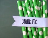 Green Paper Straws - Set of 25 Green Polka Dot Drinking Straws With DIY Printable Toppers