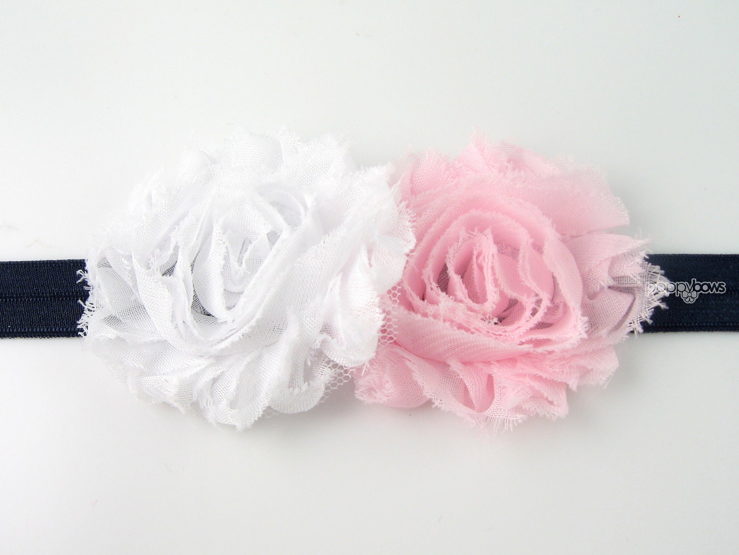 Baby Headband - Navy Blue White Light Pink Double Shabby Chic Chiffon Flowers Wide Elastic - Newborn Baby Toddler Girl