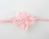 Light Pink Baby Headband - Extra Small Beaded Flower Headband on Skinny Elastic - All Sizes Newborn Toddler Girl