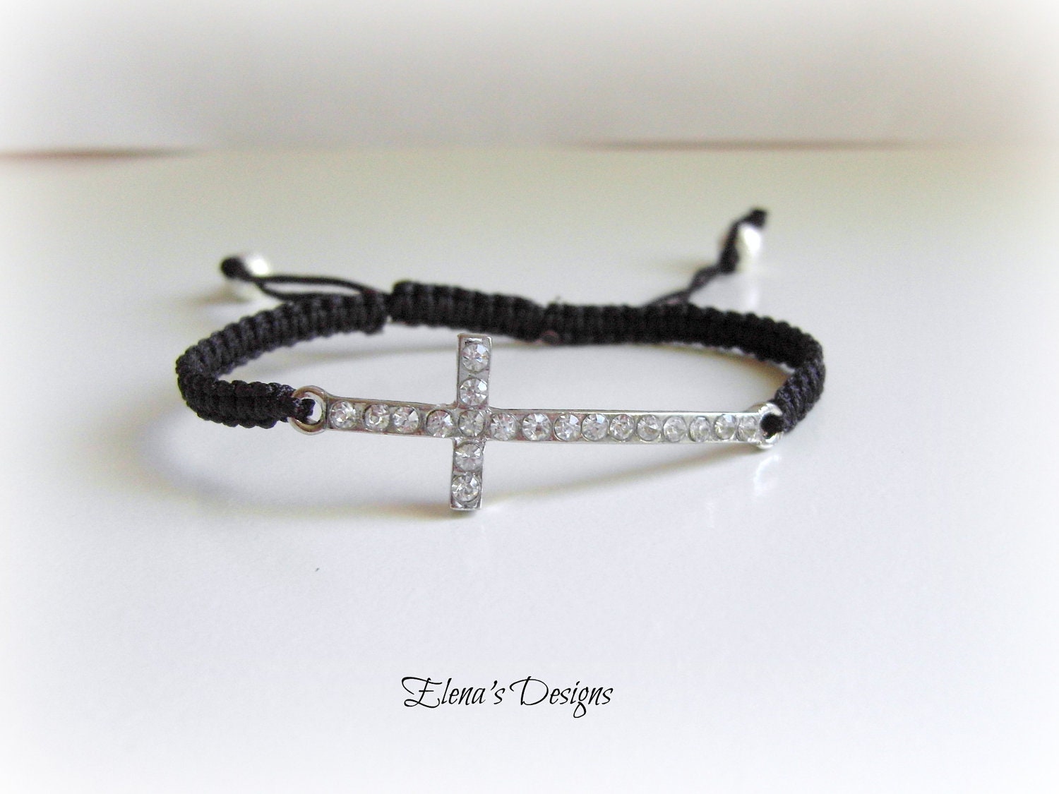 Trendy Silver Dazzling Rhinestone Skinny Cross Macrame Adjustable Bracelet Charm Bracelet
