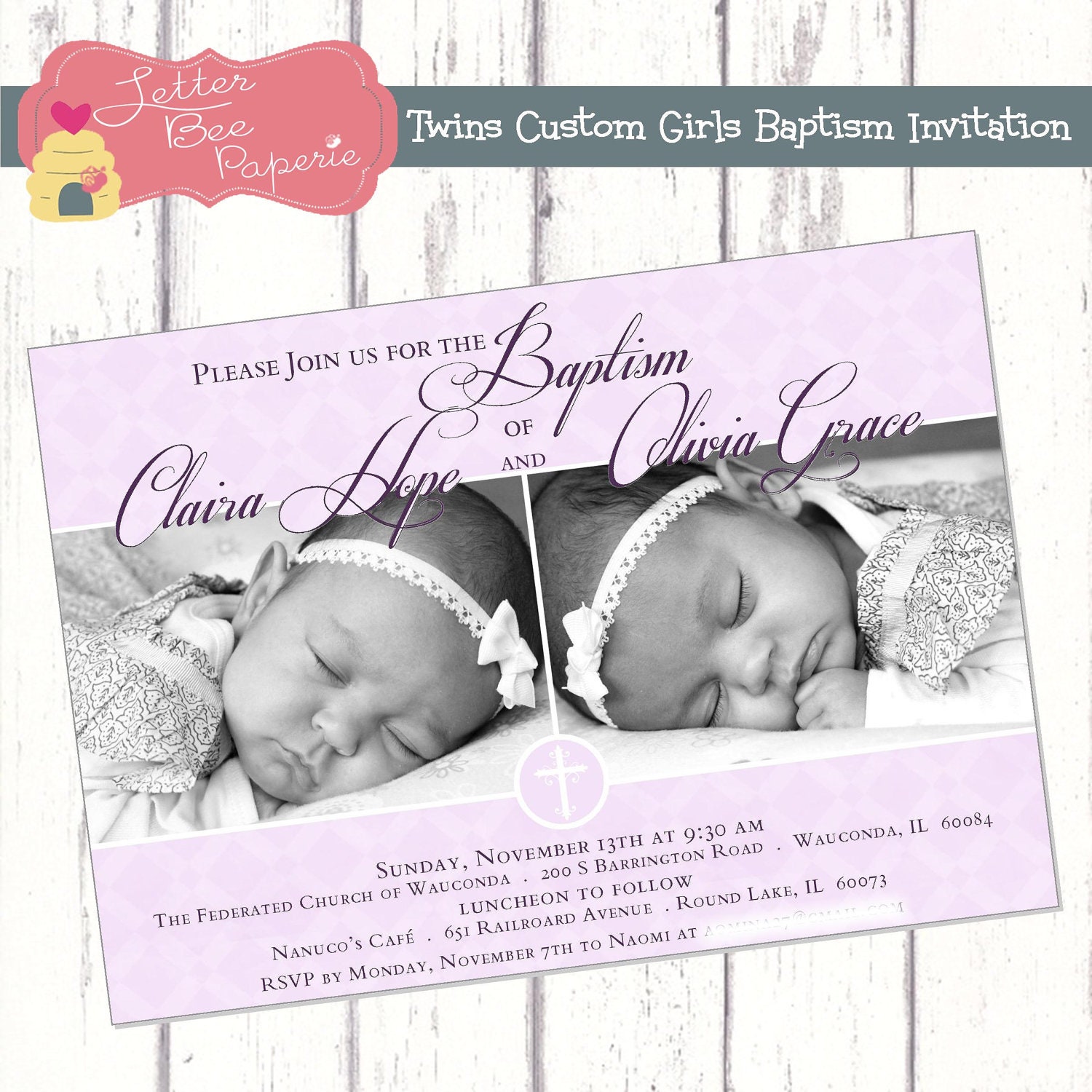 Twins Custom Baby Girls Baptism Invitation - Customize Your Colors - DIY Printable File Il_170x135