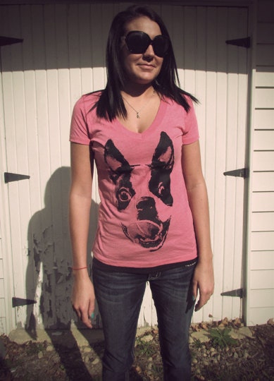 Women Boston Terrier Smile Pink V Neck Shirt Available in S-M-L-XL-2XL FREE shipping