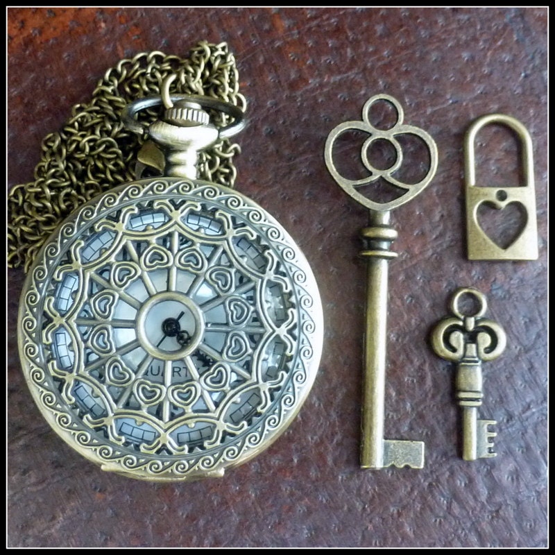 Wholesale Lot Steampunk pocket watch Alice in Wonderland necklace pendant charm tea pot cup tea cup  skeleton key 93 antique  bronze