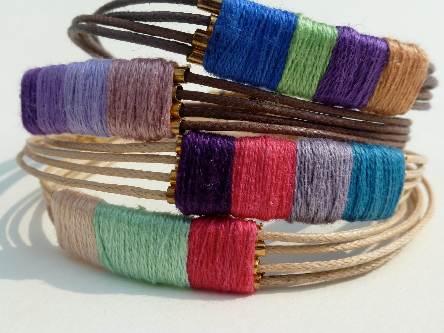 Multi Coloured Thread Wrapped Bracelet: Gold Tube Wrapped Bracelet, Cotton Thread, Ombre, Friendship Bracelet