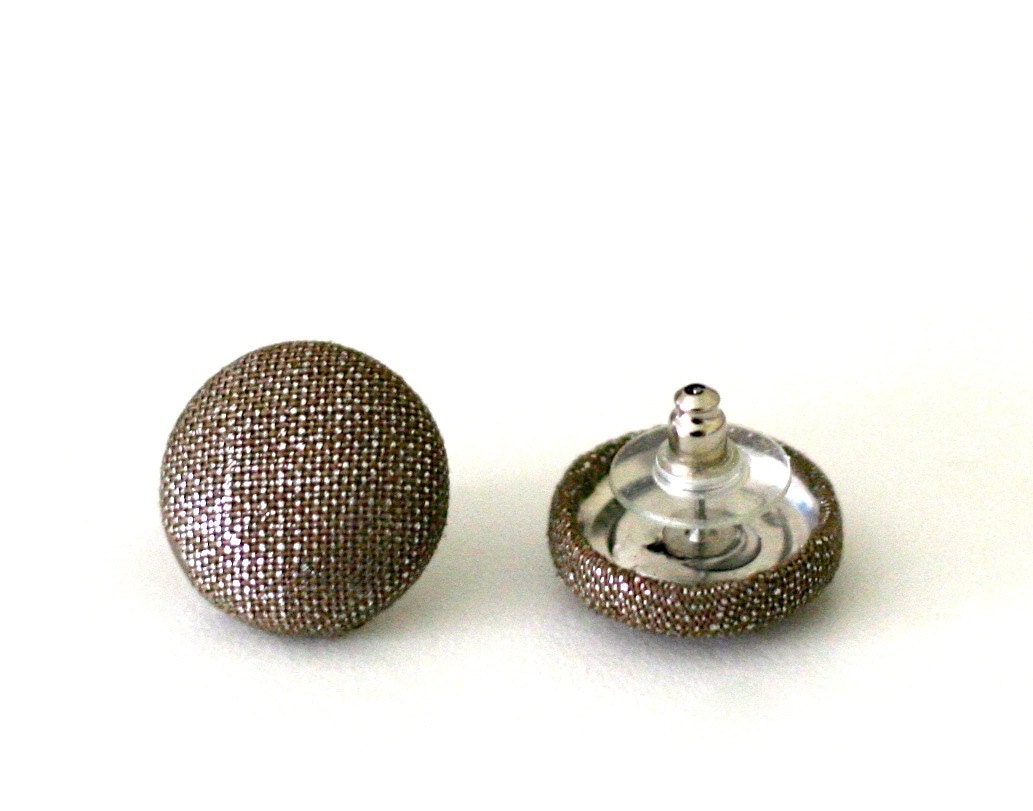 Metallic Linen Fabric Covered Button Ear Studs - Nickel Free - Silver Grey