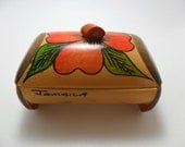 Vintage Trinket Box Wood Wooden Orange Flower Floral Jamaica Souvenir Jewelry Box Velvet Lining