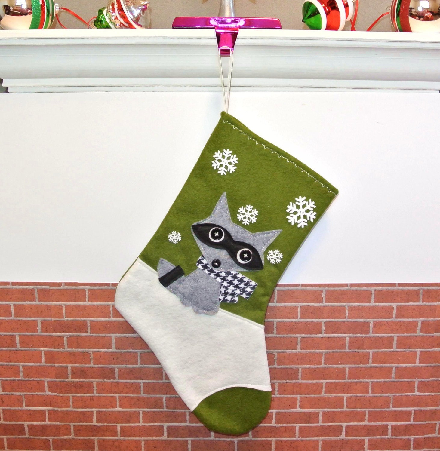 Raccoon Christmas Stocking in Olive Green by Allenbrite Studio