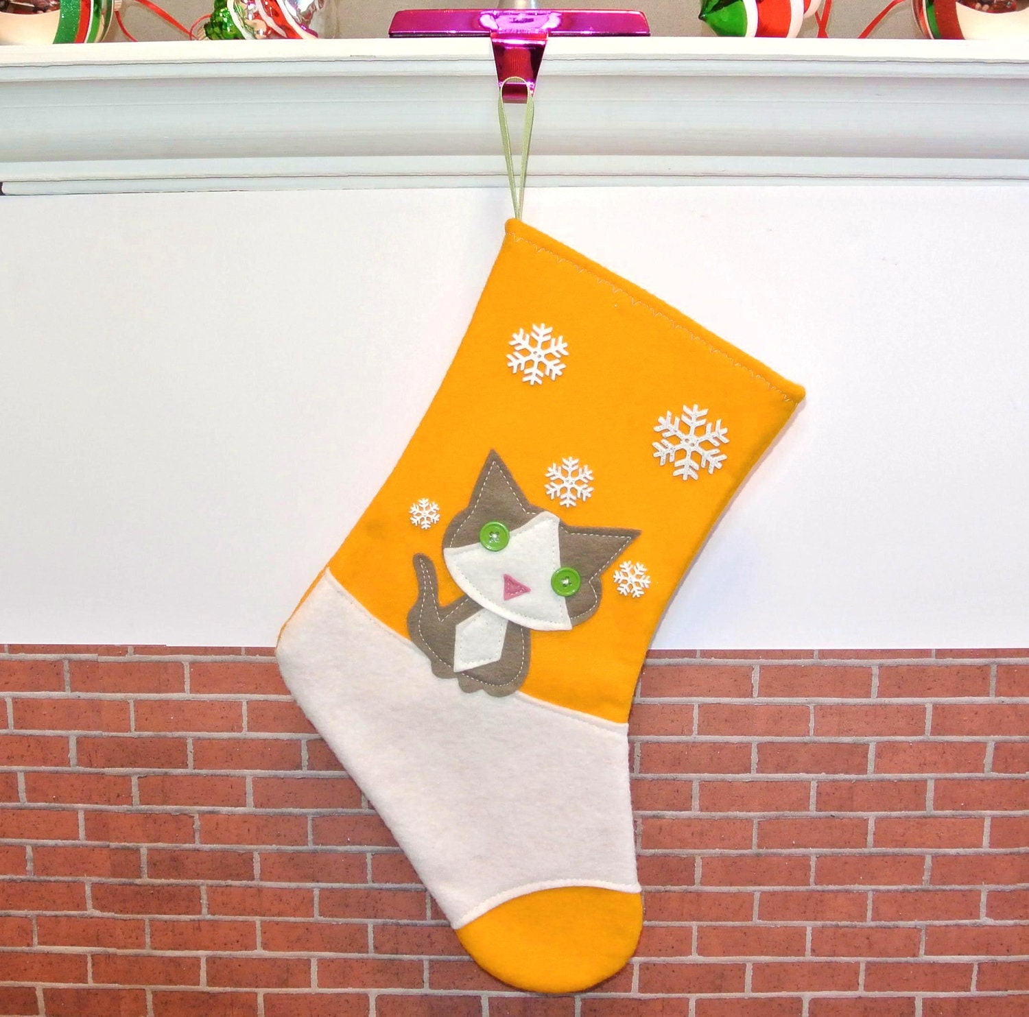 Gray Cat Christmas Stocking in Yellow by Allenbrite Studio