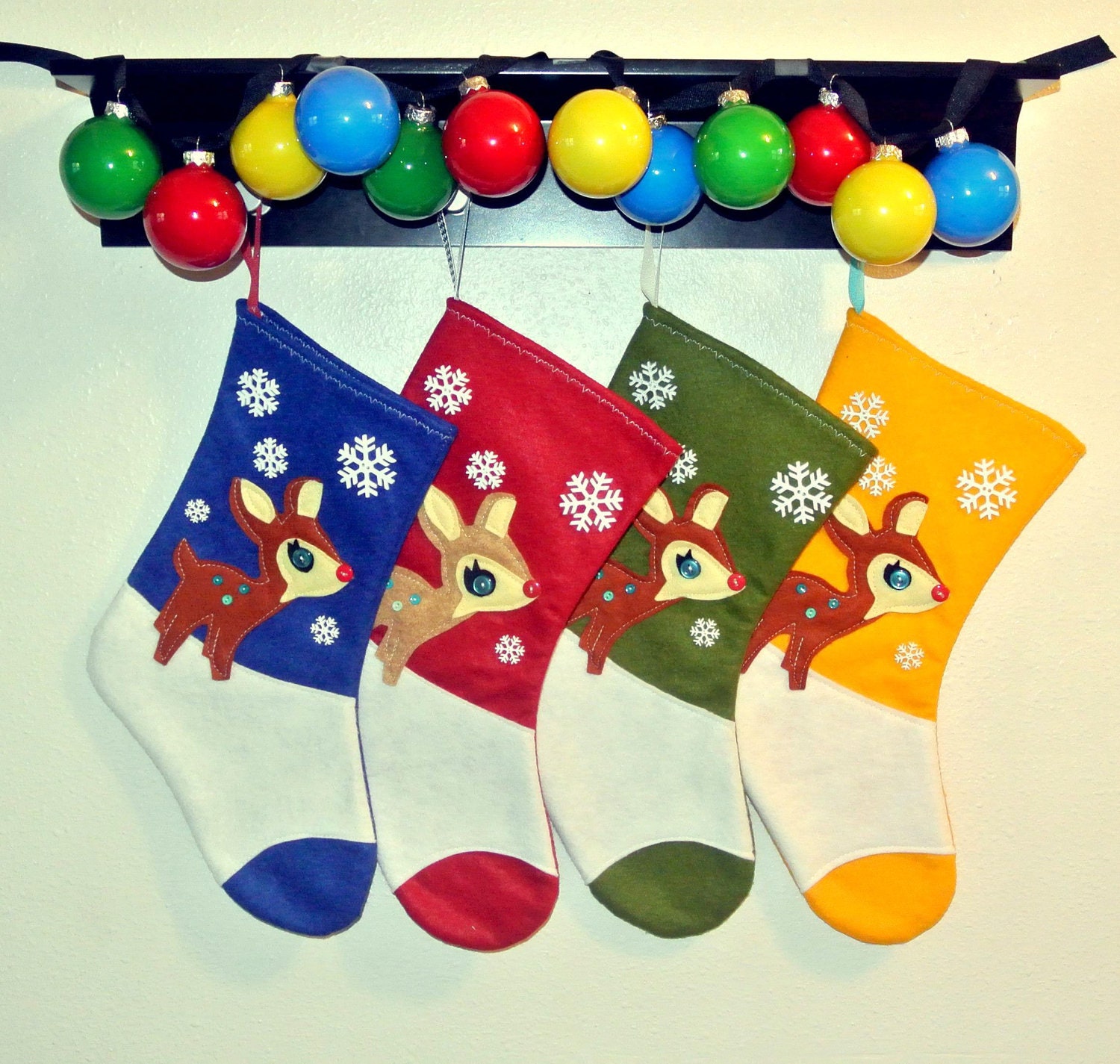 Retro Rudolph Christmas Stockings -- Set of 4 in Red, Olive Green, Yellow, and Sapphire Blue