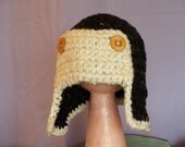 Child's Earflap Aviator Hat - Handmade Crocheted - Wooden Buttons - Tweed and Cream