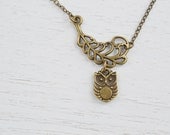 Owl Necklace,Owl Jewelry Necklace,Owl Charm Necklace,Feathery Charm Necklace.Antique Brass Necklace, Feathery Owl, Feather Wing Necklace