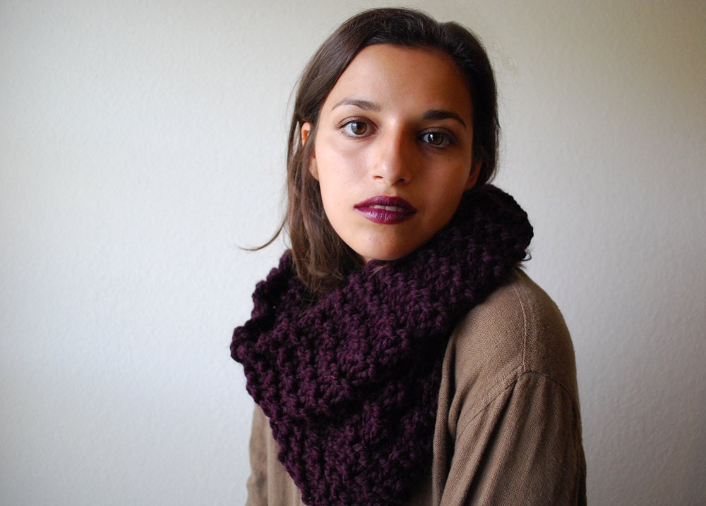 The Manhattan Cowl Hand Knit in Eggplant Wool Blend - READY TO SHIP