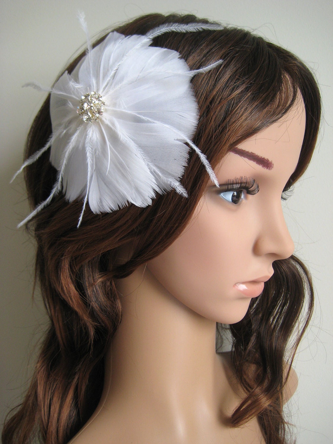 Wedding Bridal White Light Ivory Feather Flower Rhinestone Jewel Head Piece Hair Clip Fascinator Accessory