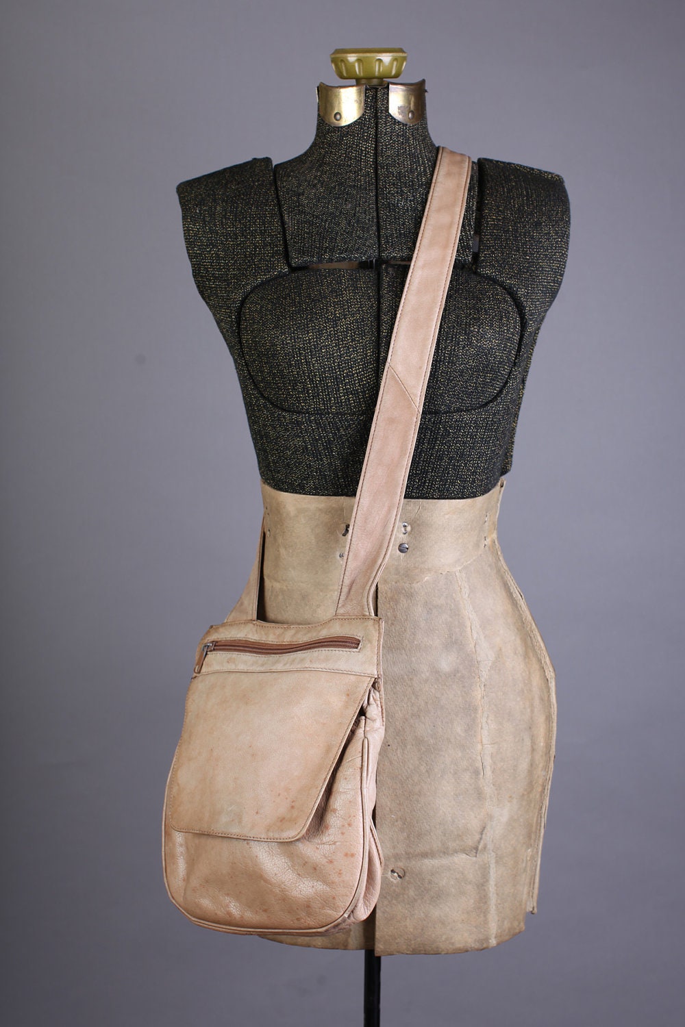 Vintage Beige Leather Crossbody Shoulder Bag