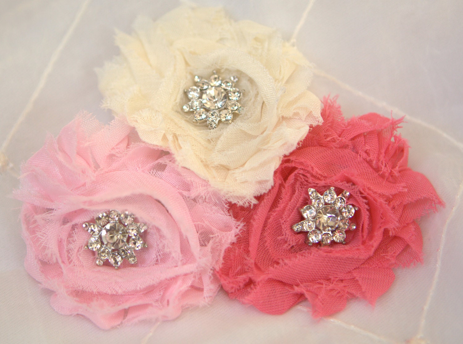Bridesmaid flower hair clips...Shabby Chic flower  -- Pink ivory Flowers Many colors -- Free USA shipping