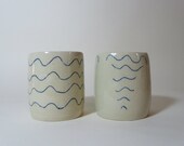 Small sake or tea cups, Set of two, blue wave, water-y patterned lines