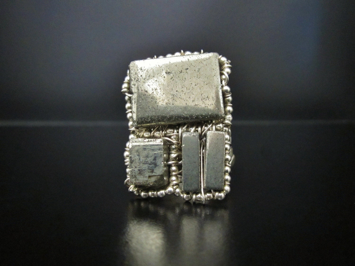 Large Pyrite Ring - Geometric Ring with Sterling Silver & Pyrite in size 6.5 (Handmade Contemporary Jewelry)