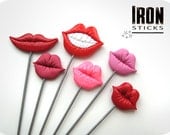 Set of 6 Photo Booth Props on METAL STICKS - Color Plastic Lips on a stick -  Wedding photobooth props