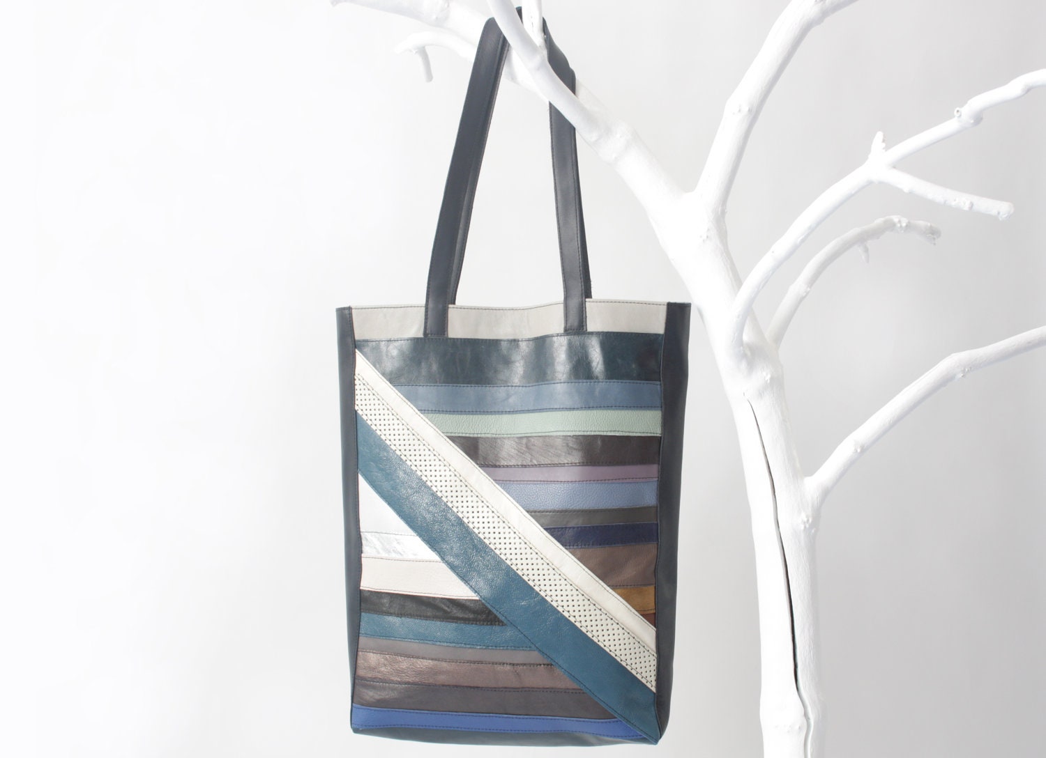 Genuine Leather Patchwork Tote Bag Dark Blue with Mixed Colour Stripes, grey cotton lining, shoulder bag, patchwork bag, laptop bag, handbag