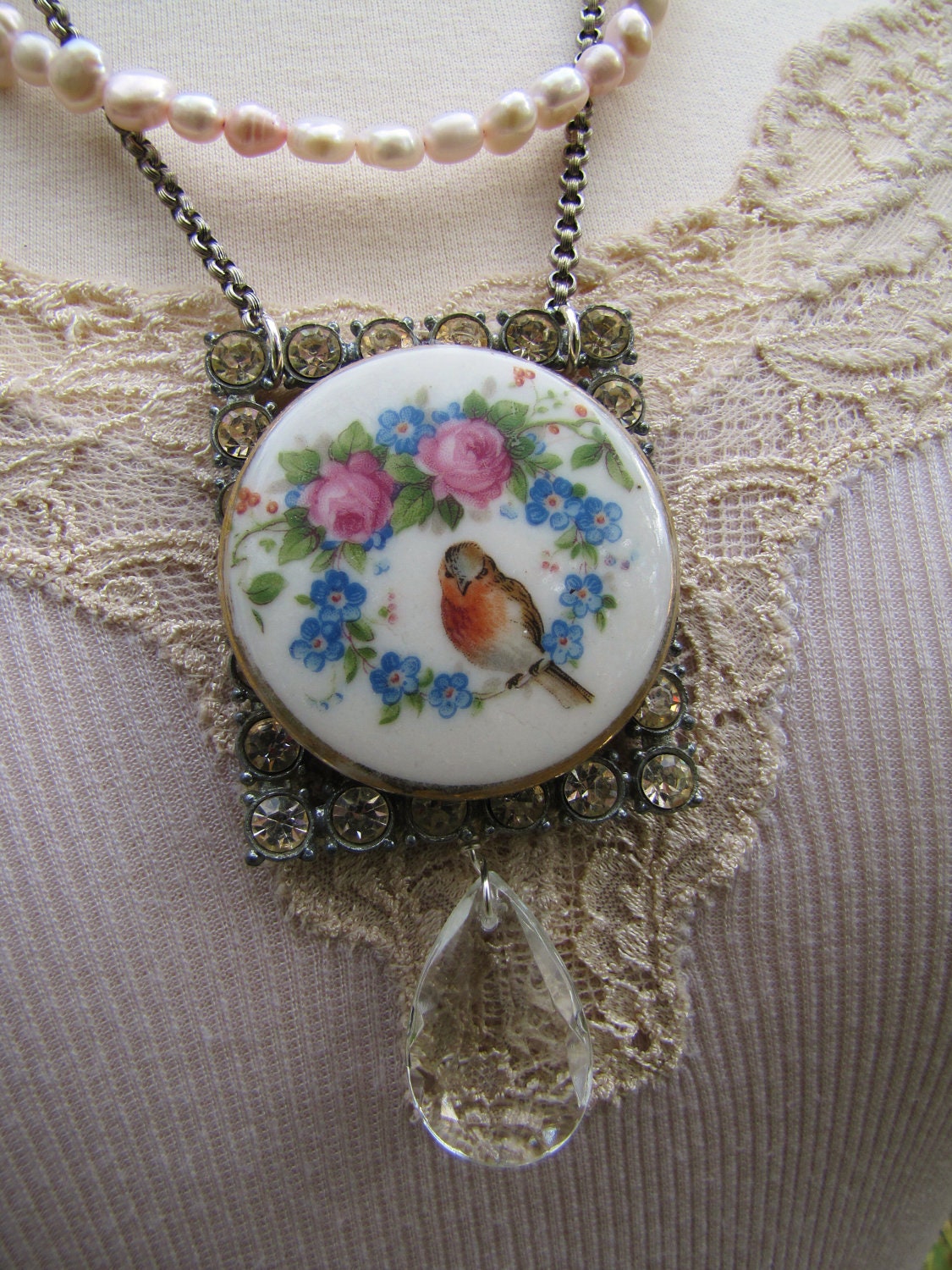 Vintage Porcelain Pendant Necklace- Hand Painted China- Robin Bird in Floral Wreath- Art Deco Buckle- Pink Freshwater Pearls- Pure Romance
