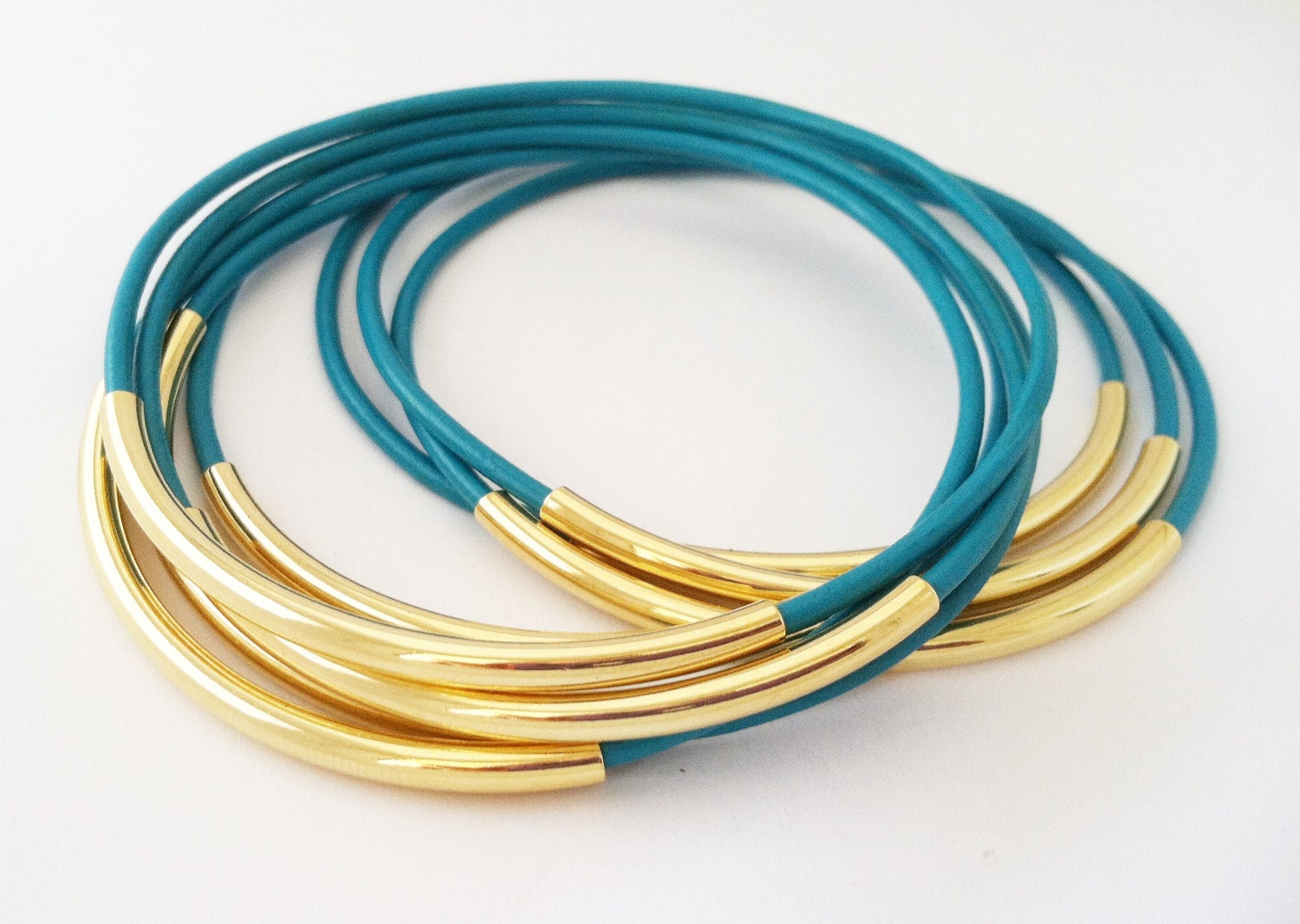 Turquoise Leather Bangle Bracelets with gold or silver tube Accents
