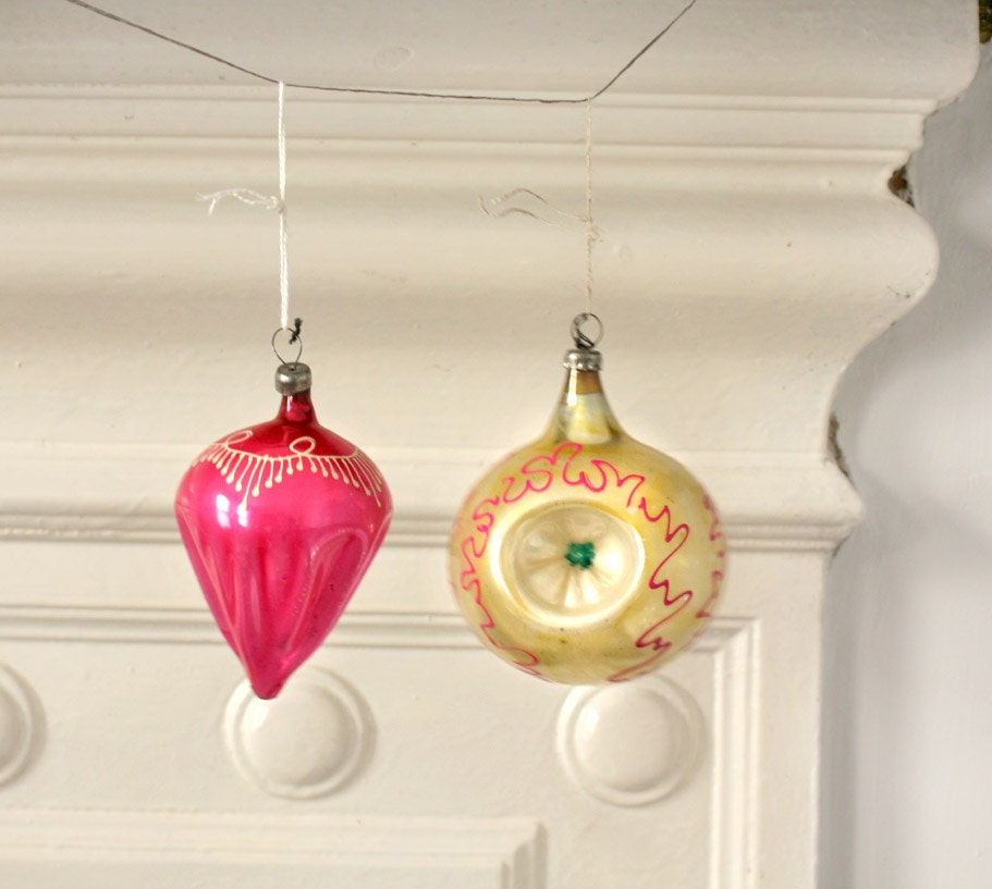 Pair of Antique Vintage Russian Christmas Tree Decorations/ Handpainted Glass Ornaments. Vintage Traditional Glass Ornament.