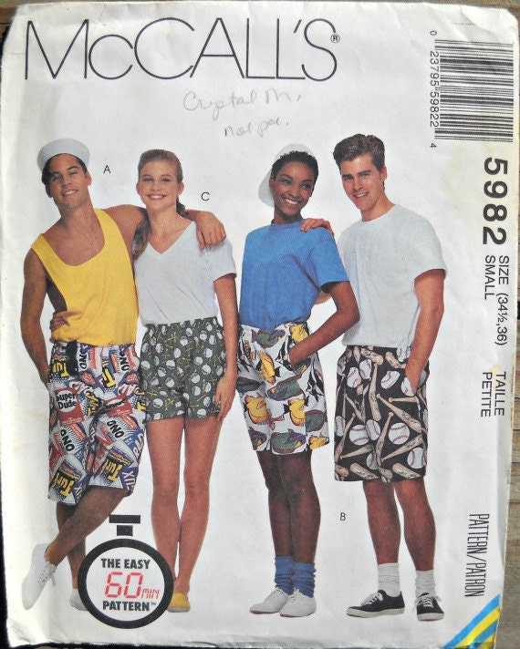 McCall's 5982, Misses, Men's,  or Teen Boys' Boxer Shorts Pattern, Size Small, Vintage 1992