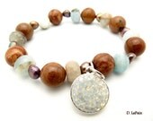 Silver Charm Beaded Bracelet - Rich Caramel Opal Stones with Aquamarine and Freshwater Pearls And Silver Opal Swarovski, Free shipping