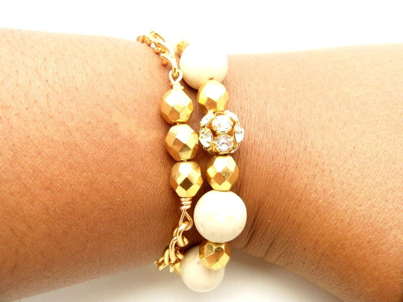 White Stone Beaded Bracelets, Chain Bracelet, Chunky Milky Fossil Jasper Stones Gold Czech Glass, Swarovski Crystal Bracelet