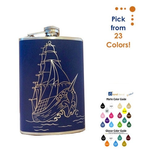 Sailing Ship Flask- alcohol, liquor, booze, wedding, bridal party, hip pocket- Personalized Custom - YOU pick COLOR