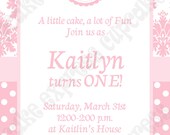 DIY Shabby Chic pink damask  Birthday Party  PRINTABLE Invitation 5x7 pink white -Cupcake Express