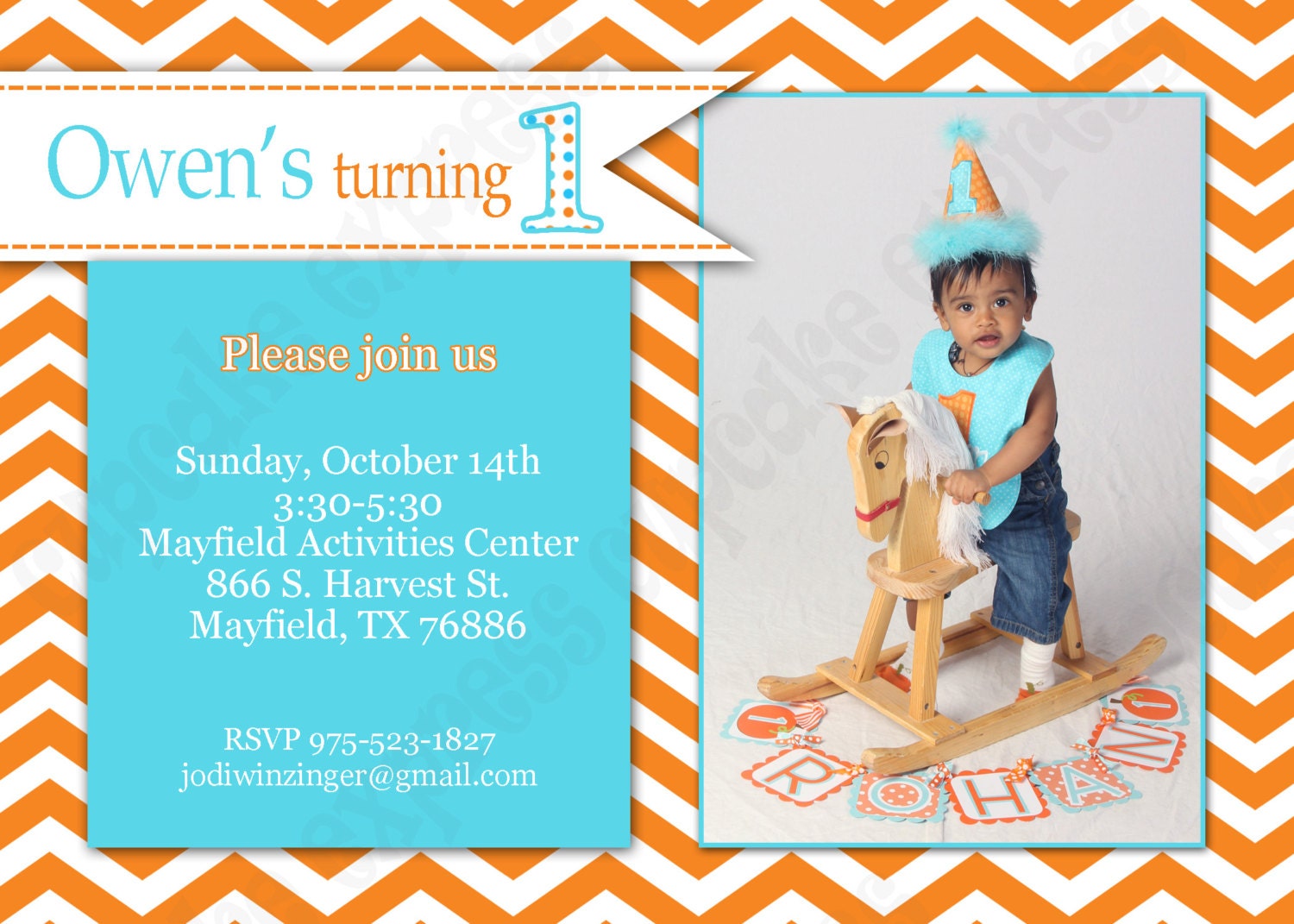 DIY Orange Blue Teal Birthday Party PRINTABLE Photo Invitation 5x7 First 1st Birthday -Cupcake express Il_570xn