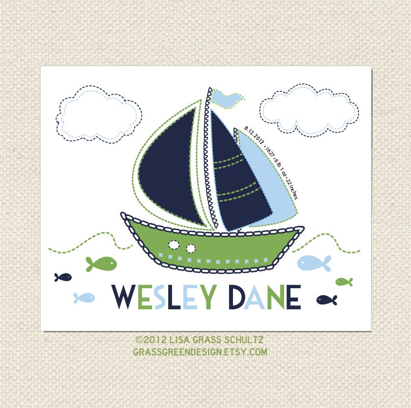 Custom Sailboat Nursery Baby Name And Info Print 8x10