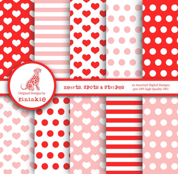 INSTANT DOWNLOAD - Digital Paper Pack - Hearts, Spots and Stripes - Valentines Day Red & Pink