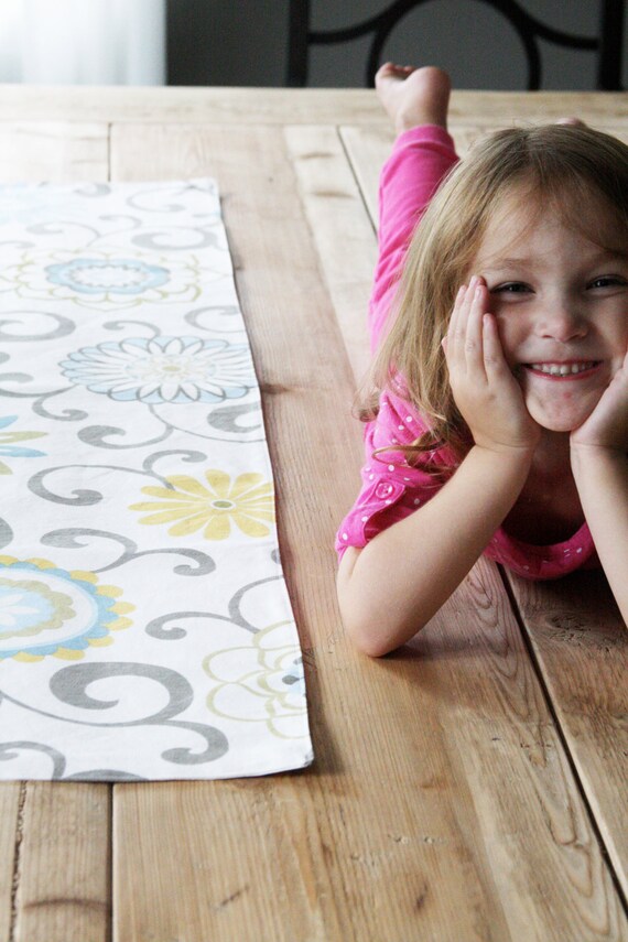 Fabric Table Runner - Light Blue and Yellow Pom Poms - FREE US SHIPPING