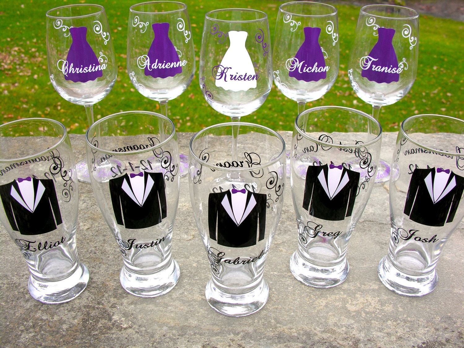 Wedding party glasses, wine glasses and beer pilsner glasses.  Bridesmaids and Groomsman gifts.  Plum purple dress and tux glasses. 1 glass