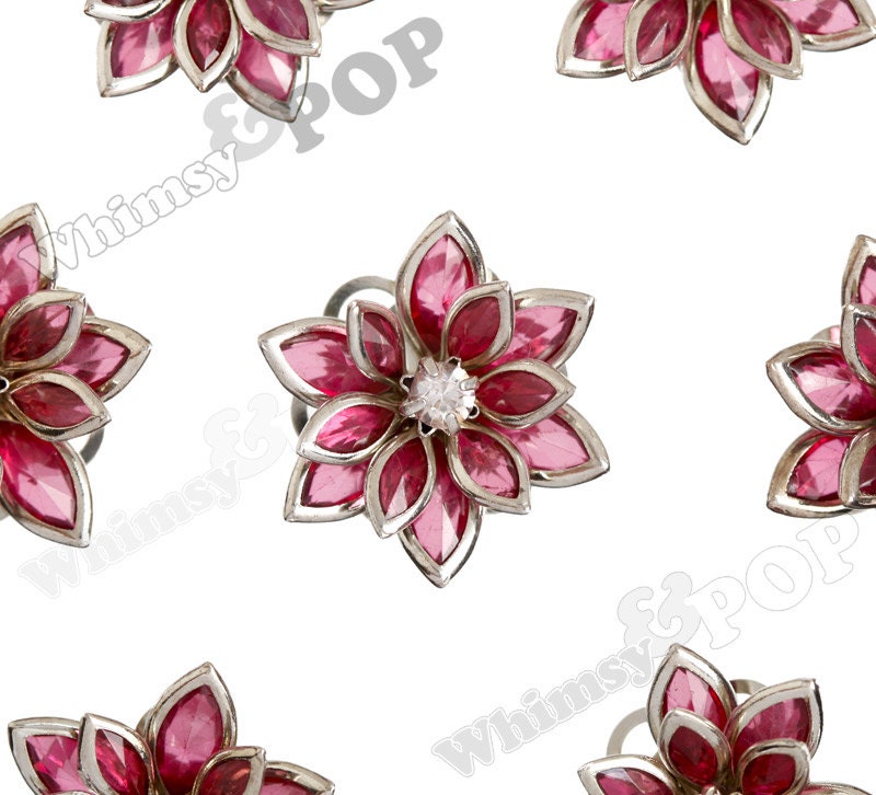 3 - Hot Pink and Brass Rhinestone Flower Flatback Beads / Cabochons, 24MM x 7MM, 1.5 MM Hole