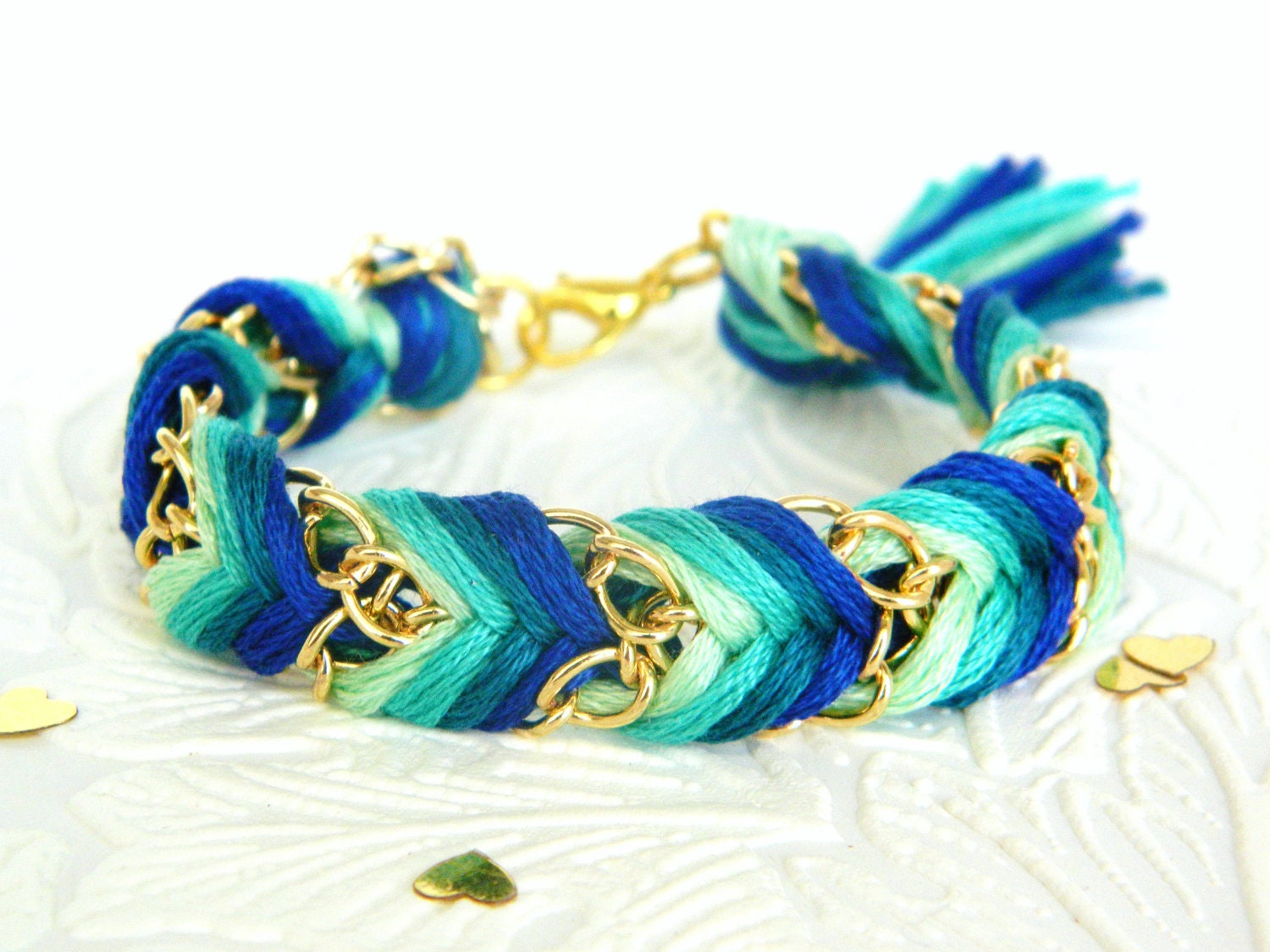 Emerald Peacock - Mint, Sea Green, Rich Turquoise, & Royal Blue - Chevron Braided Modern Friendship Bracelet - Gold Chain