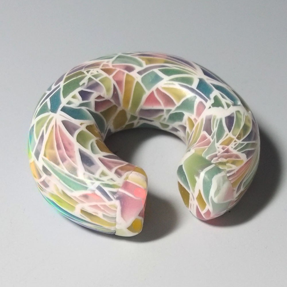 Gauged plug earrings, 2g, 0g, 00g, 7/16, 1/2.  Stained Glass Mosaic pattern, hoop. Polymer clay plugs for stretched ears.