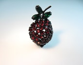 Warner Rhinestone Strawberry Pin Red and Green Japanned Fruit Figural 1950s Vintage Jewelry