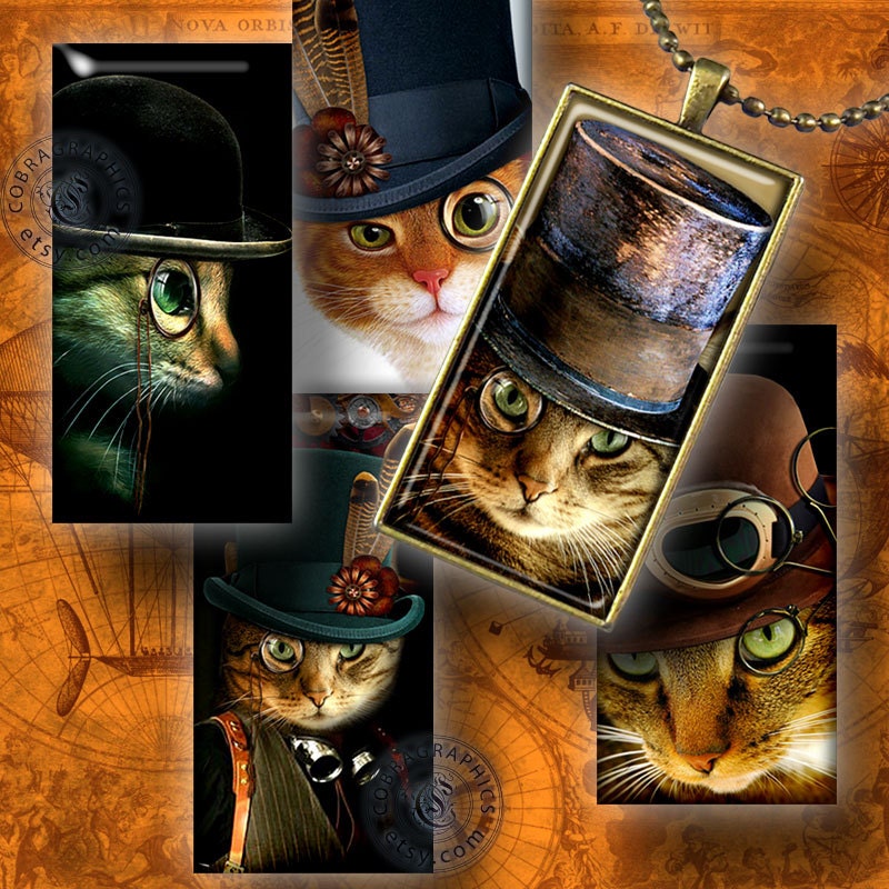 Steampunk Cat - 1x2 inch tiles Downloadable Collage Sheet CG-556R for Scrapbooking Pendant Charms Magnets Stickers - Instant Download