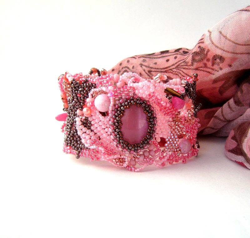Bead jewelry, Beadwork bracelet, Seed bead bracelet,  Pink and brown Freeform peyote bracelet, spring