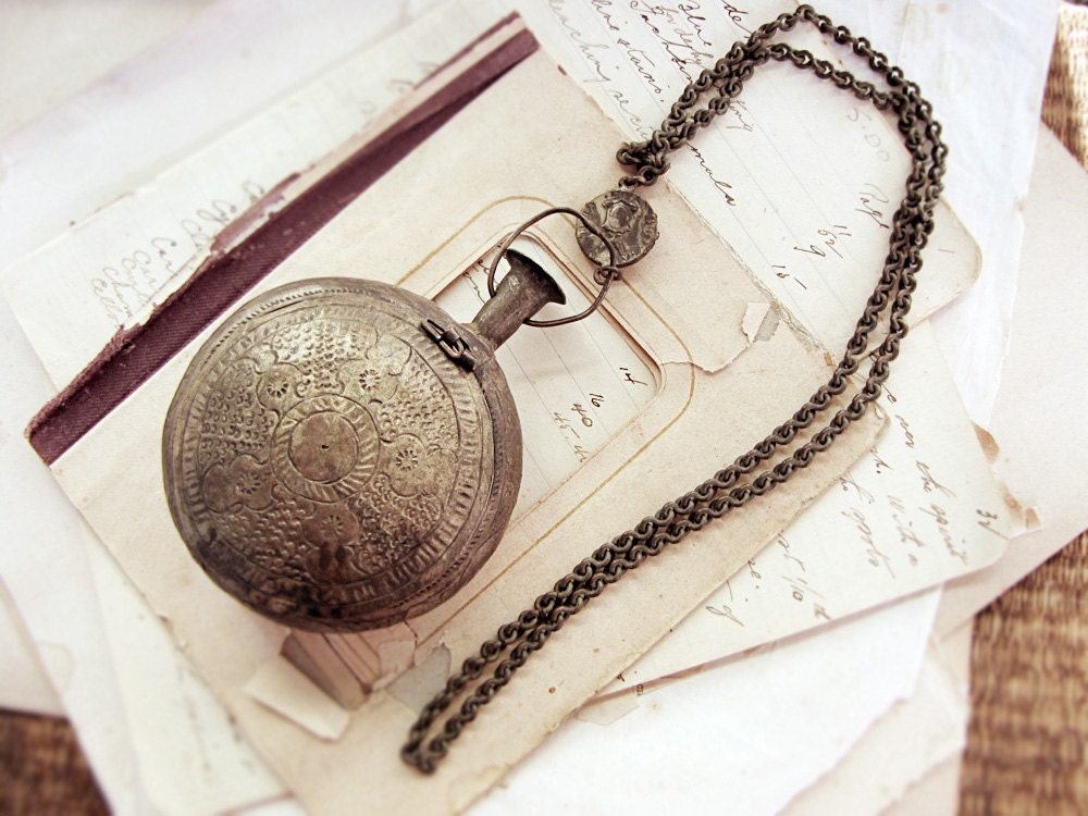 Antique vintage tribal necklace - large folk art pocket watch - prayer box - ethnic style medallion - rare and unusual piece