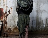 SALE Hand Dyed Black and Green Asymmetrical French Terry Bamboo Skirt with Stretch Cotton Canvas Waist Band