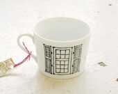 window and door tea cup - architectural detail - black and white mug - hand drawn illustration