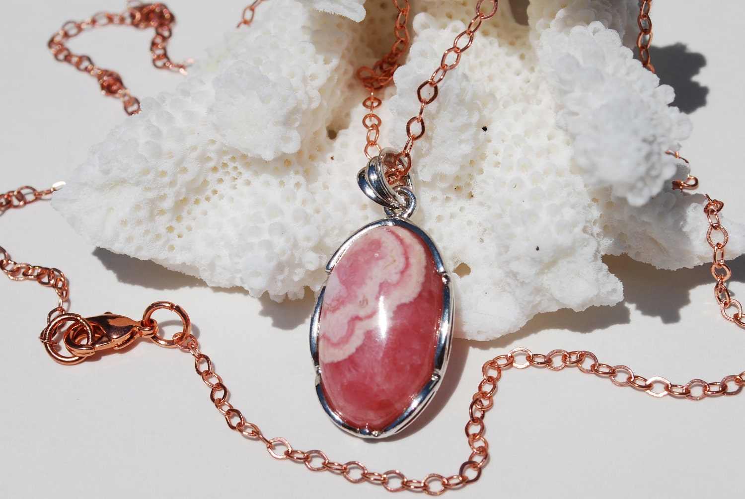 Pink Rhodochrosite Necklace Rose Gold Sterling Silver Pendant