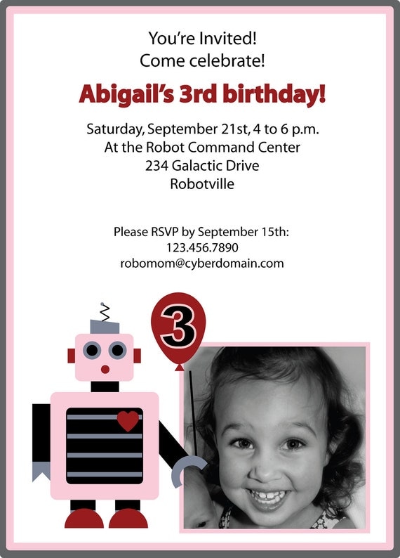 Robot Girl Birthday Party Invite- print your own Il_570xn