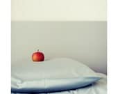 red apple grey bed surreal photo print - whimsical fine art food photography, snow white, pillow, linens, white, stripe - 14x11